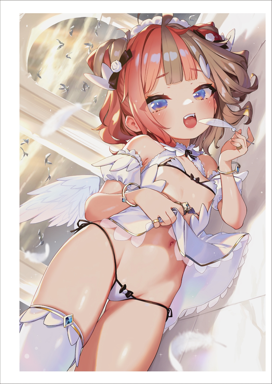 1girl ahoge angel arch babydoll bangle bare_shoulders bird blue_eyes bow bow_panties bra bracelet breasts clothes_lift cloud cone_hair_bun cowboy_shot detached_sleeves double_bun dove feathered_wings feathers flock grey_hair hair_bow hair_bun henreader highres holding holding_feather jewelry lifted_by_self looking_at_viewer lying multicolored_hair navel non-web_source on_side open_mouth original panties pink_hair ring short_hair side-tie_panties single_thighhigh skindentation sky small_breasts smile solo teeth thigh_gap thighhighs tongue two-tone_bra two-tone_hair two-tone_panties underwear white_bra white_feathers white_panties white_thighhighs white_wings wings
