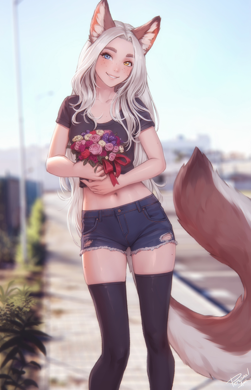 1girl animal_ear_fluff animal_ears black_thighhighs blue_eyes blurry blurry_background bouquet breasts commentary cutoffs fox_ears fox_girl fox_tail freckles heterochromia highres holding holding_bouquet long_hair looking_at_viewer losse_(personal_ami) midriff navel nude original paid_reward_available personal_ami shorts small_breasts smile solo symbol-only_commentary tail thick_eyebrows thighhighs white_hair yellow_eyes