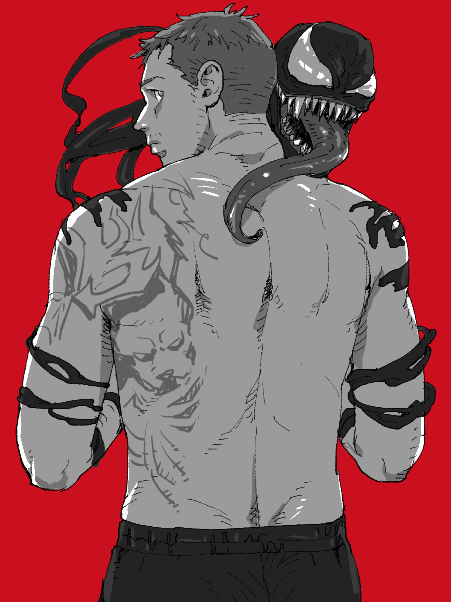 2boys back back_focus back_tattoo bara c69 cowboy_shot eddie_brock facial_hair from_behind greyscale_with_colored_background highres interspecies long_tongue looking_at_viewer mad_max male_focus mature_male monster_boy multiple_boys red_background sharp_teeth short_hair sideburns slime_boy stubble symbiote tattoo teeth toned toned_male tongue venom_(marvel) very_long_tongue yaoi
