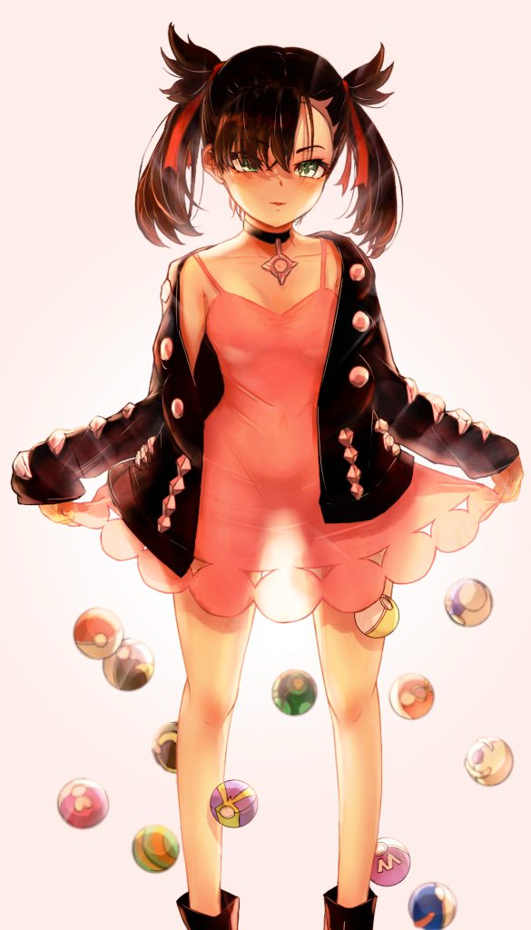 1girl akatsuki_(akatsukinotsuki) black_hair black_jacket blush boots clothes_lift collarbone commentary_request dress dress_lift dusk_ball great_ball green_eyes heal_ball jacket knees lifted_by_self long_sleeves love_ball marnie_(pokemon) master_ball medium_hair moon_ball nest_ball off_shoulder open_clothes open_jacket pink_dress poke_ball poke_ball_(basic) pokemon pokemon_(game) pokemon_swsh quick_ball repeat_ball smile solo twintails white_background