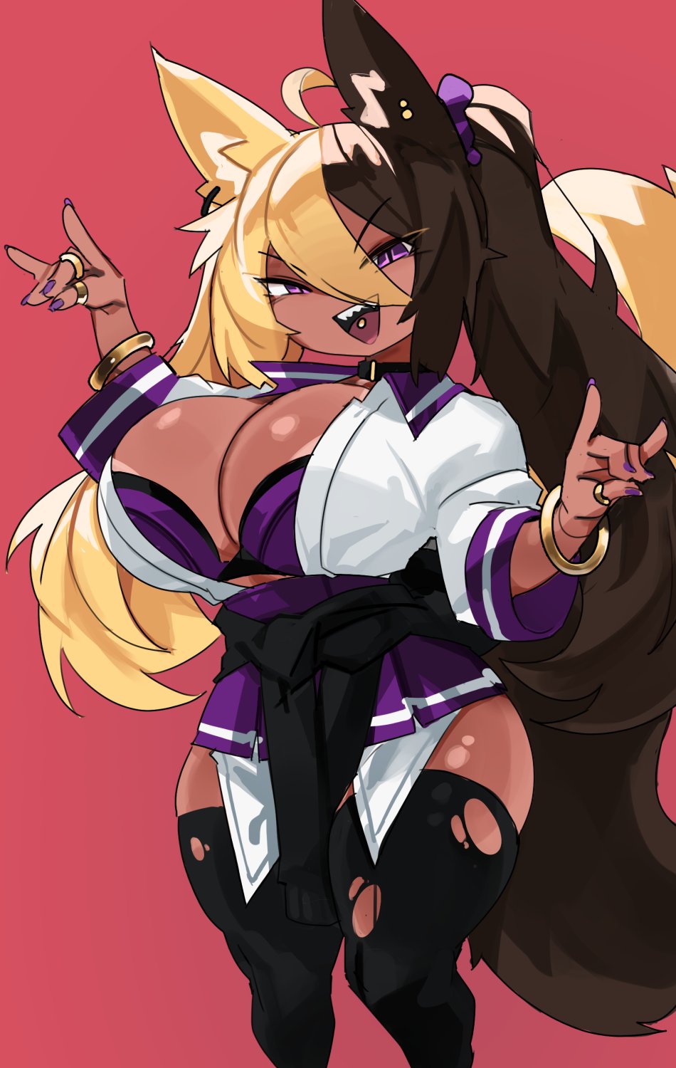 ahoge animal_humanoid big_breasts black_hair blonde_hair bra breasts canid canid_humanoid canine canine_humanoid clothing female fox_humanoid hair hi_res huge_breasts humanoid looking_at_viewer mammal mammal_humanoid multicolored_hair open_mouth purple_eyes sharp_teeth simple_background smile solo standing teeth thick_thighs underwear unknown_character wide_hips zanamaoria