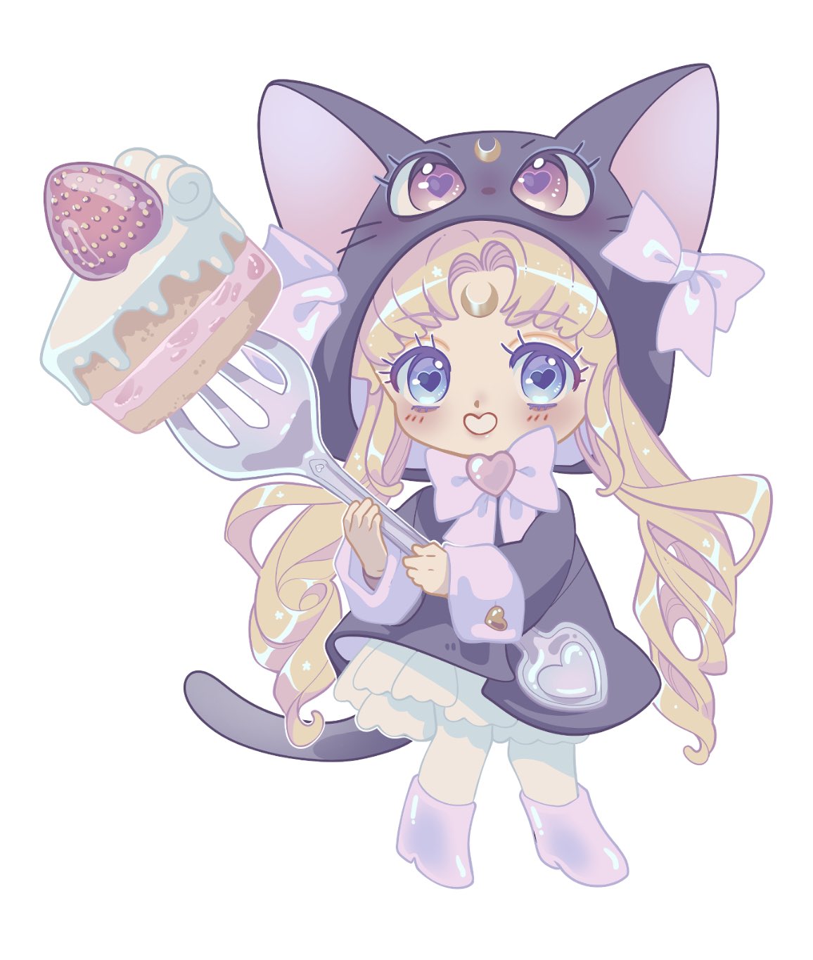 1girl animal_hood bishoujo_senshi_sailor_moon black_coat blonde_hair blue_eyes blush bow bowtie cake cat_hood chibi coat colette_(lettiebobettie) crescent crescent_facial_mark facial_mark fake_tail food forehead_mark fork fruit full_body heart heart-shaped_pupils highres holding holding_fork hood hooded_coat long_hair long_sleeves looking_at_viewer luna_(sailor_moon) open_mouth parted_bangs pink_bow pink_bowtie pink_footwear sidelocks smile solo strawberry strawberry_shortcake symbol-shaped_pupils tail tsukino_usagi twintails white_background