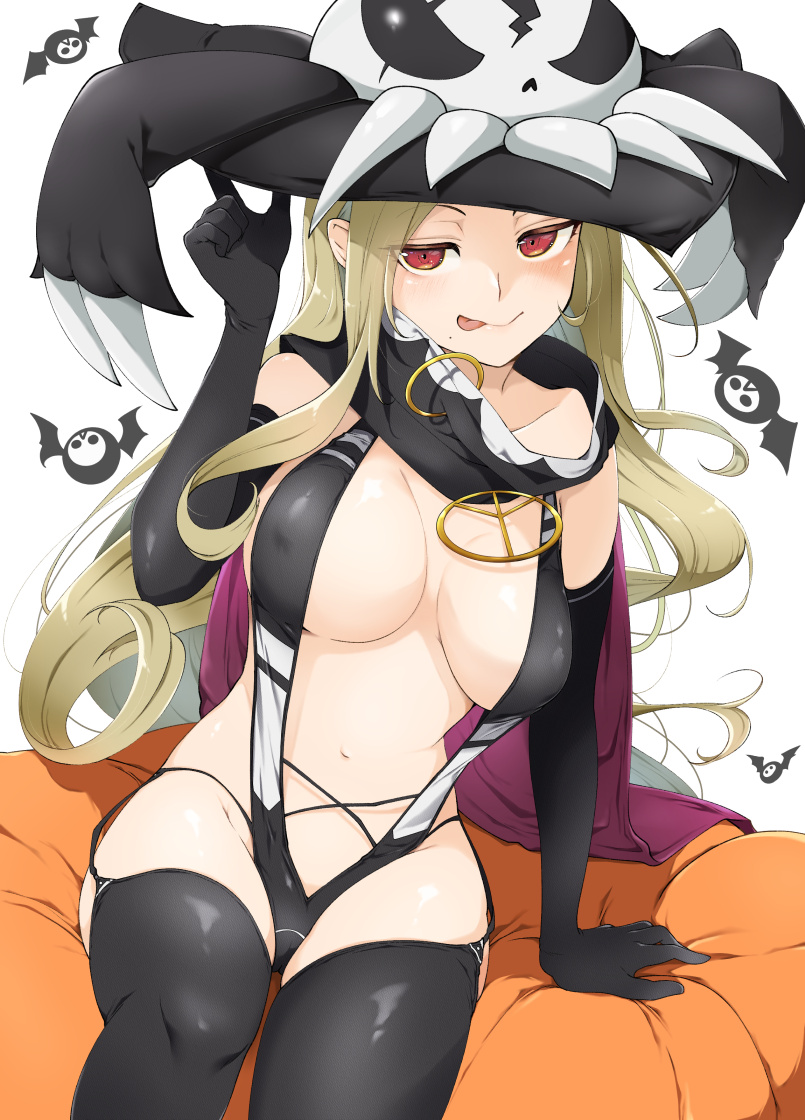 1girl :q bat_(animal) bat_wings bed_sheet black_gloves black_thighhighs blonde_hair blush breasts cape cleavage collarbone covered_nipples elbow_gloves garter_straps gloves groin hat kinako_(mzknk0) large_breasts long_hair looking_at_viewer mole mole_under_mouth navel peace_symbol red_cape red_eyes revealing_clothes senran_kagura senran_kagura_shinovi_versus shiki_(senran_kagura) shiny_skin simple_background sitting skull slingshot_swimsuit smile solo swimsuit thighhighs tongue tongue_out white_background wings witch_hat