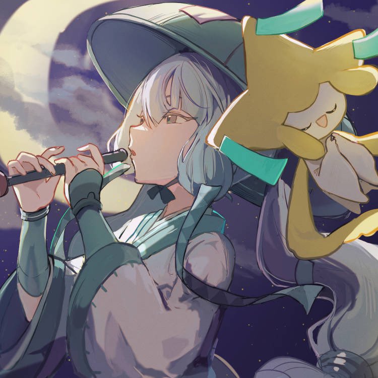 1girl ajing armor closed_eyes crescent_moon flute hatsune_miku holding_flute instrument japanese_armor japanese_clothes jirachi kote long_hair moon night night_sky open_mouth playing_flute pokemon pokemon_(creature) project_voltage sandogasa sky starry_moon steel_miku_(project_voltage) tanzaku twintails very_long_hair vocaloid