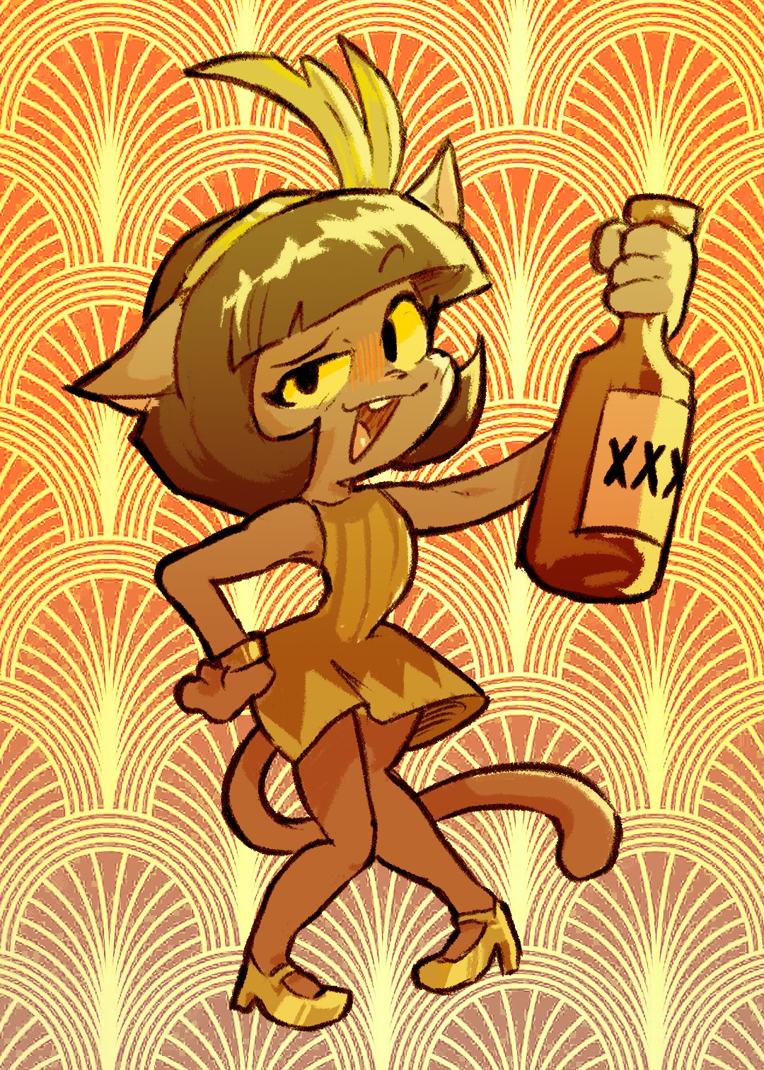 2023 alcohol anthro beverage black_hair blush bottle brown_body brown_fur clothed clothing container digital_drawing_(artwork) digital_media_(artwork) domestic_cat dress drunk duo felid feline felis female flapper flapper_dress fully_clothed fur hair hair_decoration hi_res holding_bottle holding_container holding_object ivy_pepper lackadaisy looking_at_viewer male mammal saicoatomiko_(artist) smile solo standing substance_intoxication tail teeth webcomic yellow_clothing yellow_dress yellow_eyes yellow_heels
