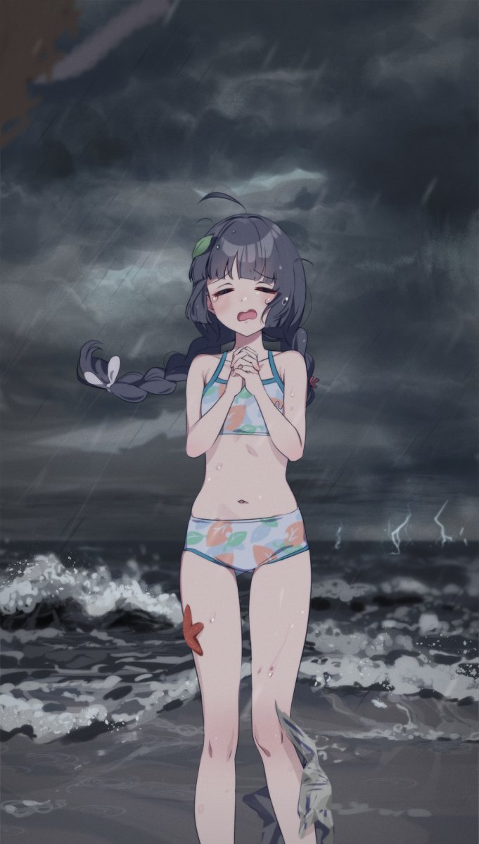 1girl ahoge beach bikini blue_archive blunt_bangs braid closed_eyes cloud cloudy_sky dress grey_sky highres miyu_(blue_archive) miyu_(swimsuit)_(blue_archive) navel open_mouth own_hands_together praying purple_dress rain sad single_braid sky solo standing starfish storm swimsuit tears yuura