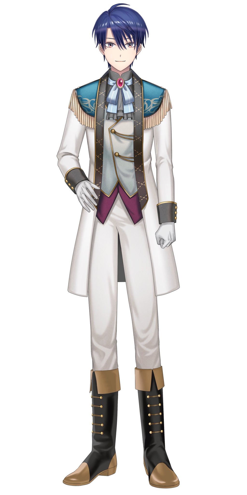 1boy asasumiboochan ascot black_footwear blue_hair boots closed_mouth gloves grey_ascot grey_eyes grey_vest hand_on_own_hip harusaki_air harusaki_air_(1st_costume) highres jacket male_focus neck_ribbon nijisanji official_art open_clothes open_jacket pants purple_shirt ribbon second-party_source shirt short_hair simple_background smile solo vest virtual_youtuber white_background white_gloves white_jacket white_pants