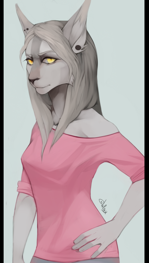 2015 akrolayn anthro black_border blue_background border breasts cheek_tuft clothing digital_media_(artwork) digital_painting_(artwork) ear_piercing facial_tuft felid feline female fur grey_body grey_fur grey_sclera hair half_body inner_ear_fluff mammal piercing pink_clothing shoulderless signature simple_background solo straight_hair tan_hair three-quarter_view tuft yellow_eyes