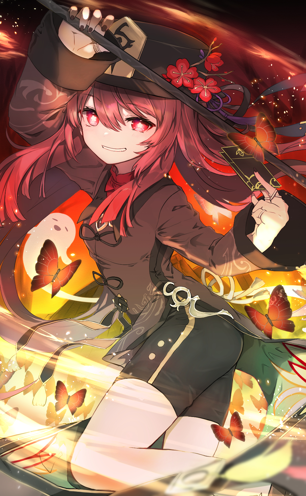 1girl black_headwear black_nails black_shorts bright_pupils brown_coat brown_hair bug butterfly coat fire flower flower-shaped_pupils genshin_impact ghost grin hat hat_flower hat_tassel highres holding holding_polearm holding_weapon hu_tao_(genshin_impact) long_hair long_sleeves looking_at_viewer polearm red_eyes shorts smile solo symbol-shaped_pupils twintails weapon white_pupils yokogon