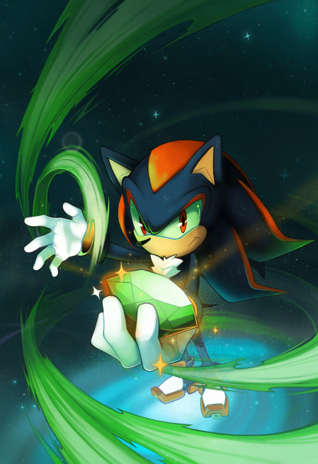1boy animal_ears black_fur body_fur chaos_emerald closed_mouth full_body gem gloves gold_bracelet green_gemstone hands_up hedgehog hedgehog_ears hedgehog_tail holding holding_gem jewelry looking_at_viewer multicolored_background multicolored_footwear night night_sky red_eyes red_footwear shadow_the_hedgehog shamanic sky sonic_(series) tail two-tone_footwear two-tone_fur white_footwear white_gloves