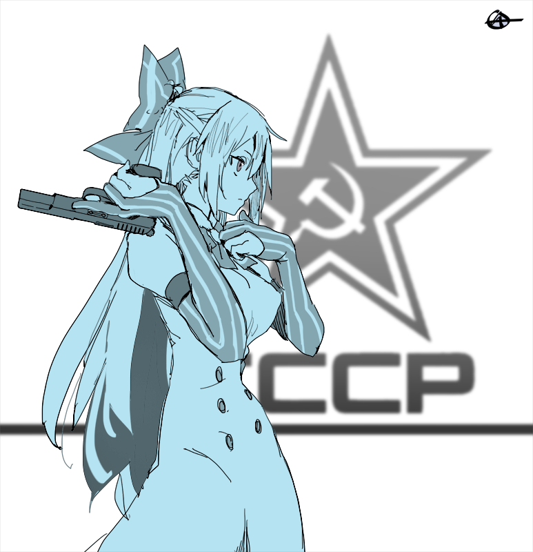 1girl bow breasts circle_a commentary_request cowboy_shot dress from_side girls'_frontline gun hair_bow hammer_and_sickle handgun juliet_sleeves large_breasts long_hair long_sleeves monochrome profile puffy_sleeves red_eyes solo spot_color star_(symbol) tokarev_(girls'_frontline) tokarev_tt-33 weapon