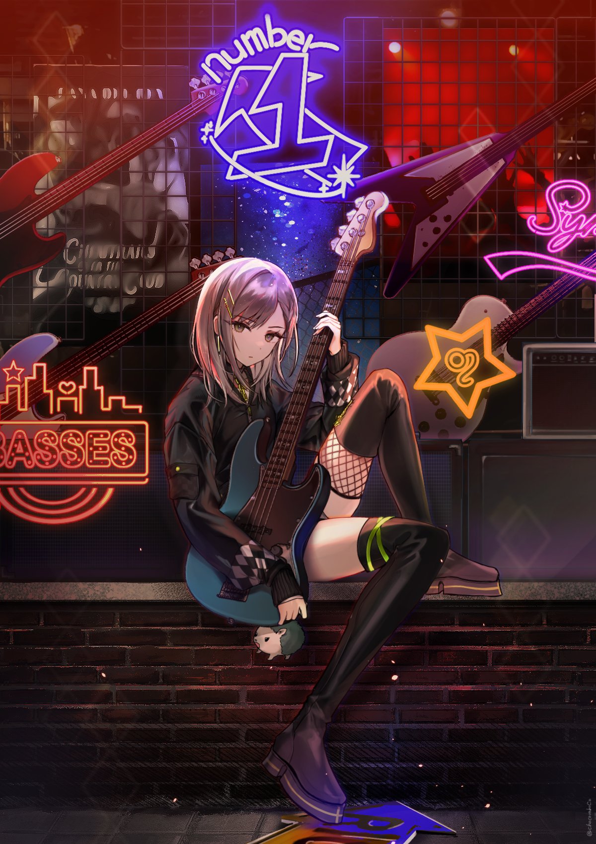 1girl amplifier asymmetrical_footwear bass_guitar black_jacket boots brick_wall chocoroboco colorful_festival_(project_sekai) commentary earrings english_commentary english_text expressionless fender_precision_bass fishnet_footwear grey_eyes guitar hair_ornament hairclip hedgehog highres hinomori_shiho holding holding_guitar holding_instrument instrument instrument_request jacket jewelry led light_particles looking_at_viewer medium_hair project_sekai sitting sitting_on_wall sleeves_past_wrists solo stuffed_animal stuffed_toy thigh_boots
