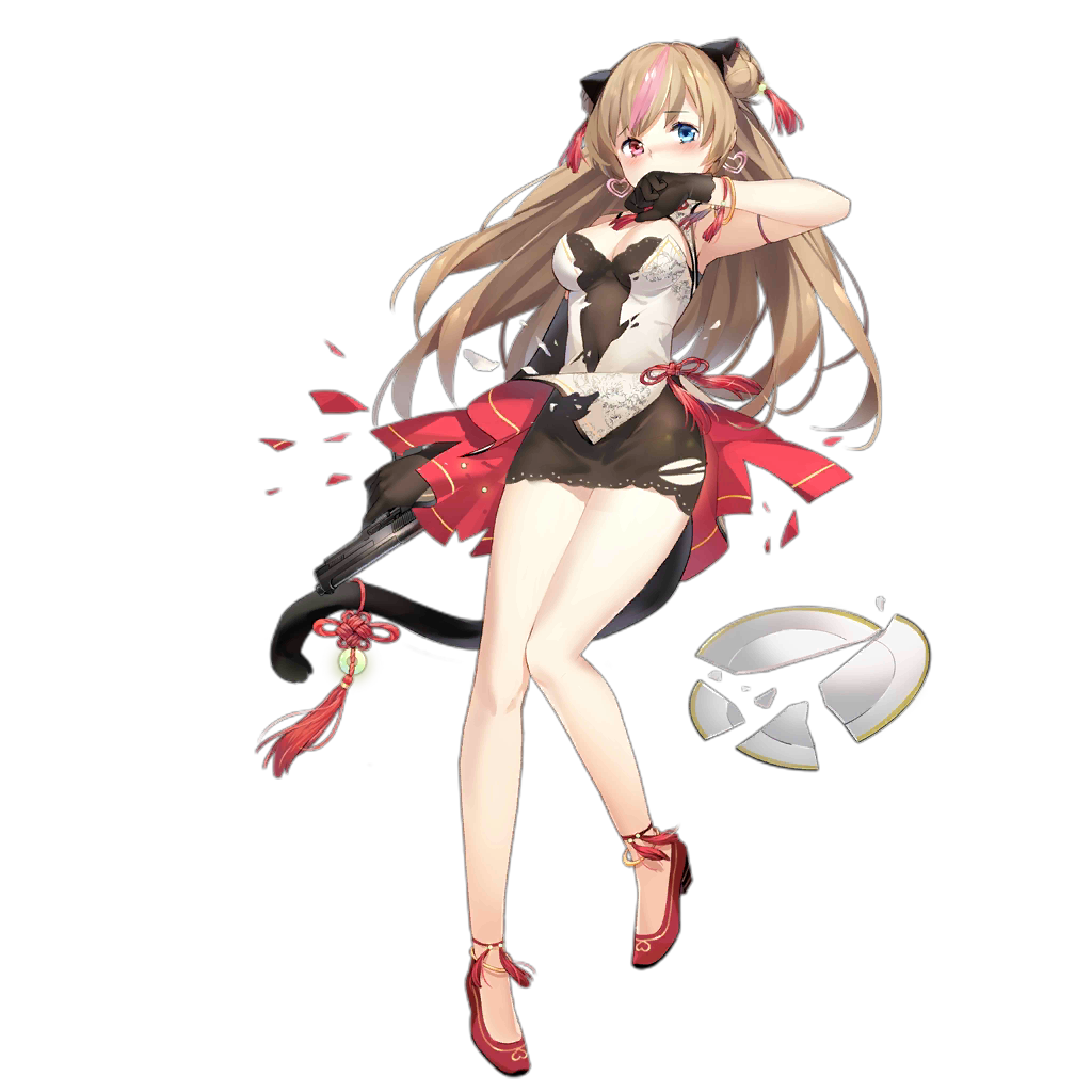 1girl anklet arm_at_side asymmetrical_gloves bare_legs black_dress black_gloves blue_eyes blush breasts brown_hair cleavage_cutout clothing_cutout covered_navel damaged defeat double_bun dress earrings elbow_gloves flats full_body girls'_frontline gloves gun h&amp;k_mark_23 hair_bun hand_to_own_mouth handgun heart heart_earrings heckler_&amp;_koch heterochromia holding holding_gun holding_weapon jewelry knees_together_feet_apart layered_dress looking_at_viewer medium_breasts mk23_(girls'_frontline) mk23_(honey_flower)_(girls'_frontline) multicolored_hair official_alternate_costume official_art pigeon-toed sheska_xue shoes short_dress single_elbow_glove solo standing streaked_hair torn_clothes transparent_background uneven_gloves weapon white_dress