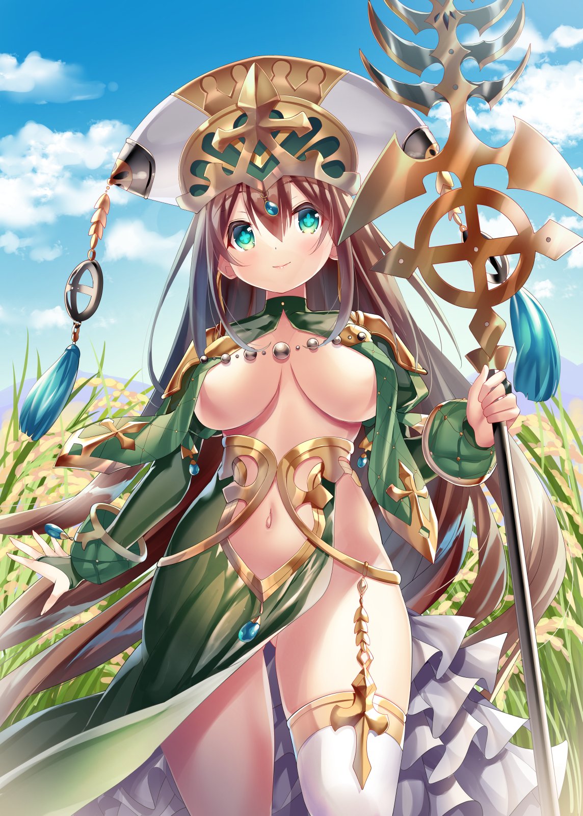 1girl ass_visible_through_thighs blue_sky breasts bridal_gauntlets brown_hair clothing_cutout cloud commentary_request commission cowboy_shot crop_top crop_top_overhang cross-shaped_pupils flower_knight_girl frilled_skirt frills gem grass green_eyes hat highres holding holding_staff large_breasts long_hair navel navel_cutout single_thighhigh skeb_commission skirt sky solo sorimura_youji staff symbol-shaped_pupils tall_grass thighhighs touka_(flower_knight_girl) very_long_hair