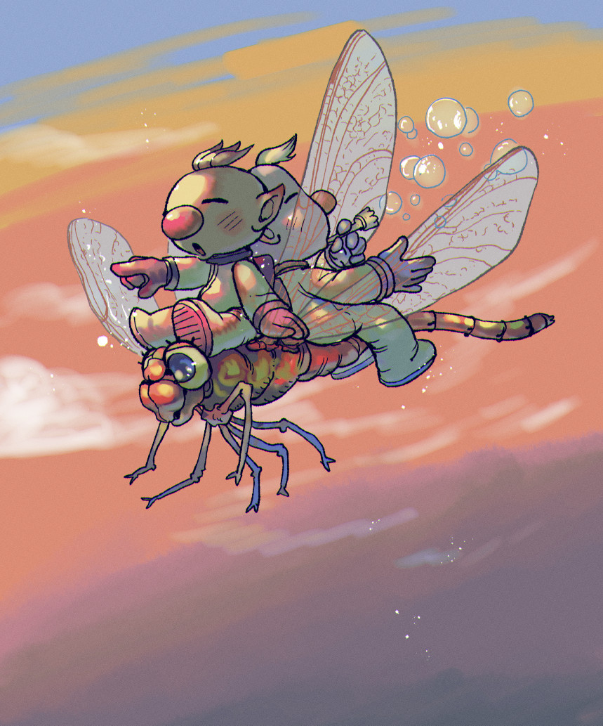 2boys alien asaikaina back-to-back backpack bag big_nose blonde_hair blue_gloves blush_stickers brown_hair bubble_blowing bug closed_eyes cloud commentary_request dragonfly flying gloves gradient_sky holding insect_wings louie_(pikmin) male_focus multiple_boys olimar open_mouth orange_sky pikmin_(series) pointing pointing_forward pointy_ears red_bag red_gloves riding riding_animal short_hair sitting_on_animal sky spacesuit sunset very_short_hair wind wind_lift wings