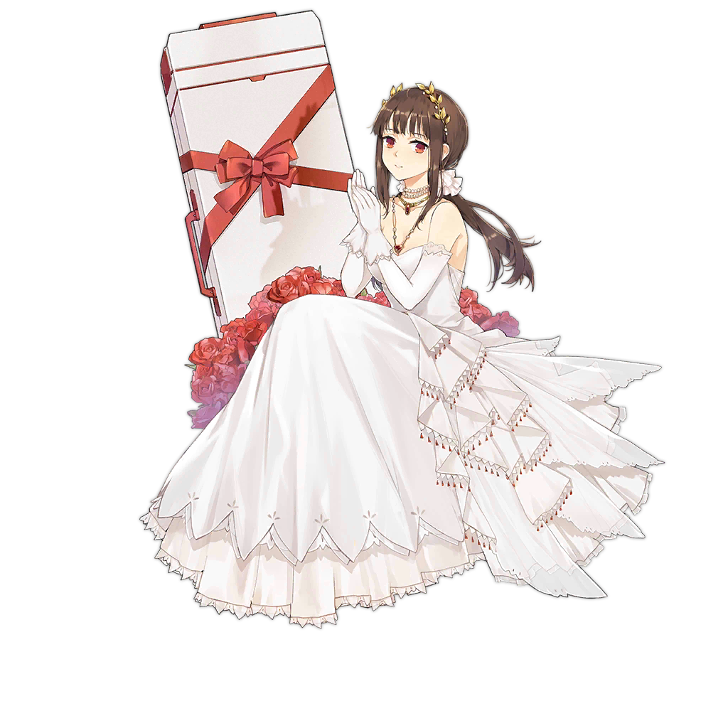 1girl breasts brown_hair detached_sleeves dress falcon_(girls'_frontline) falcon_(song_of_the_morning_dew)_(girls'_frontline) flower girls'_frontline gloves hair_ornament hao_(patinnko) jewelry laurel_crown long_hair looking_at_viewer medium_breasts necklace official_alternate_costume official_art own_hands_together pearl_necklace red_eyes red_ribbon ribbon rose simple_background sitting smile solo too_many_flowers transparent_background weapon_case wedding_dress white_dress white_gloves white_sleeves