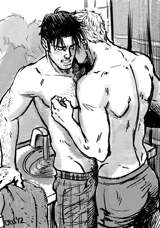 2boys aged_up arm_hair ass back bad_id bad_tumblr_id bara bathroom black_hair blonde_hair boxers bulge bulge_press clenched_teeth couple cris_art ear_piercing erection erection_under_clothes feet_out_of_frame from_above frottage hulkling kiss kissing_neck long_sideburns male_focus male_underwear marvel multiple_boys mustache_stubble navel_hair nipple_tweak pectorals piercing short_hair sideburns sparse_chest_hair sparse_stubble teeth thick_eyebrows toned toned_male topless_male torogao underwear wiccan yaoi