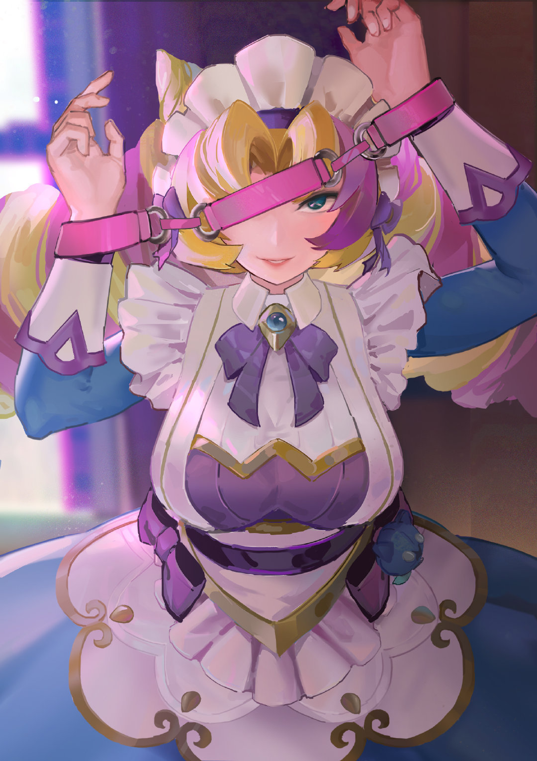 1girl arms_up blonde_hair bow breasts cafe_cuties_(league_of_legends) cafe_cuties_gwen collared_dress cone_hair_bun cuffs dress drill_hair gem gwen_(league_of_legends) hair_bow hair_bun handcuffs highres indoors l+_(colour0816) large_breasts league_of_legends long_hair long_sleeves looking_at_viewer maid maid_headdress multicolored_clothes multicolored_dress multicolored_hair one_eye_covered parted_bangs parted_lips pink_hair smile solo standing teeth twin_drills twintails two-tone_hair white_dress window