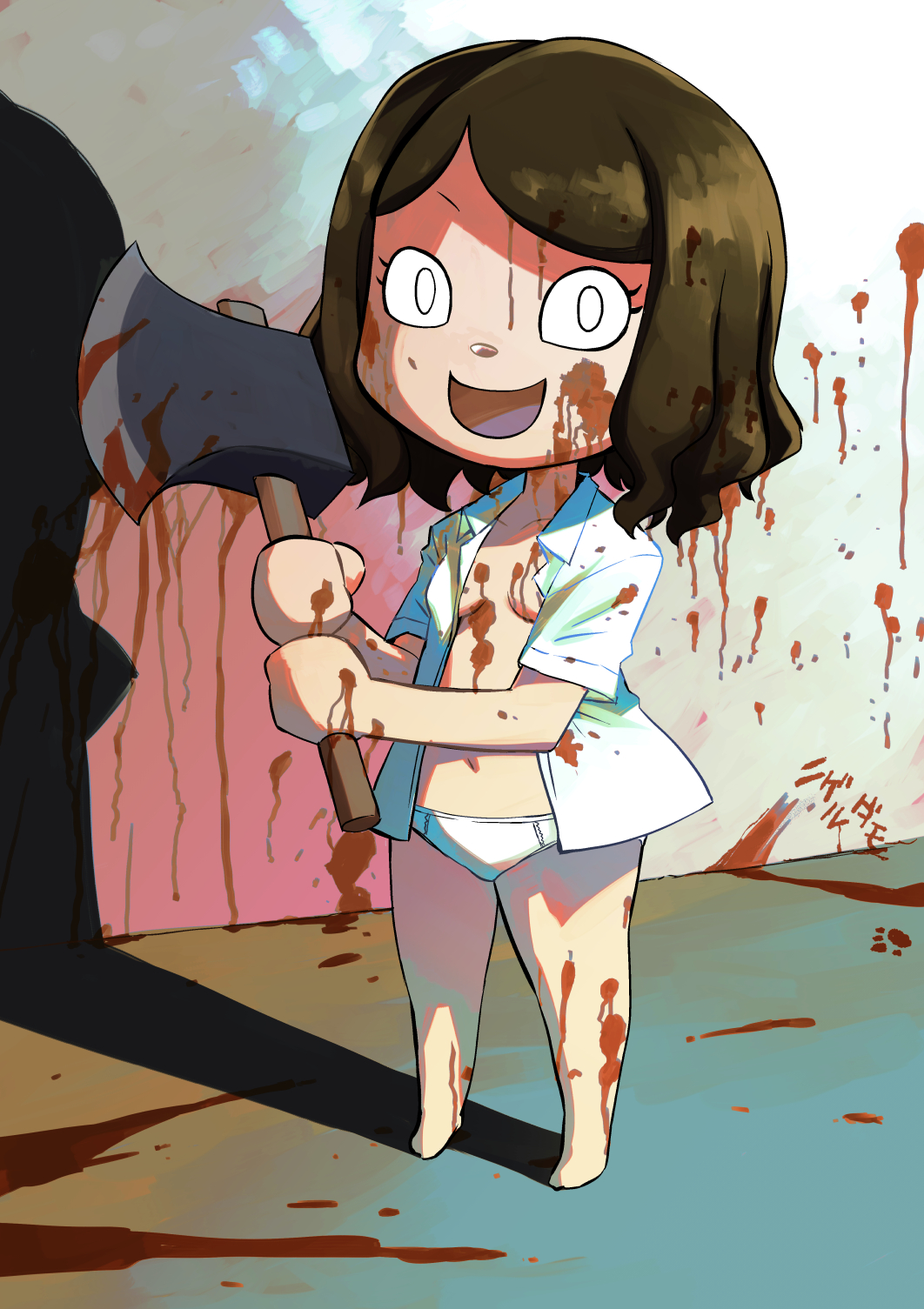 1girl :d animal_crossing axe bare_legs barefoot blood blood_in_hair blood_on_breasts blood_on_clothes blood_on_hands blood_on_leg blood_writing brown_hair collarbone crazy crazy_eyes crazy_smile eyelashes full_body highres holding holding_axe legs_apart looking_at_viewer muramasa_mikado navel no_pupils open_clothes open_mouth open_shirt panties paw_print shadow shirt short_hair short_sleeves smile solo standing swept_bangs translation_request underwear villager_(animal_crossing) white_eyes white_panties white_shirt