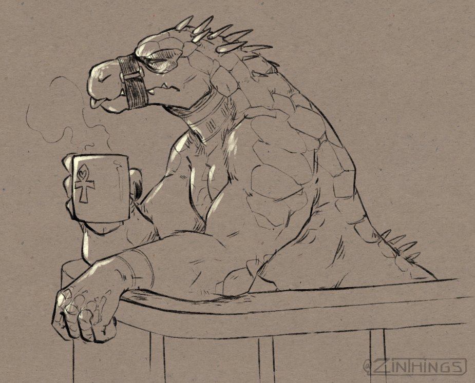 ankh anthro bleep chest_tattoo container crocodile crocodilian crocodylid cup daylon_(dislyte) dislyte facial_markings head_markings holding_container holding_cup holding_object male markings nude reptile scalie sealed_mouth solo spikes tattoo zinthings