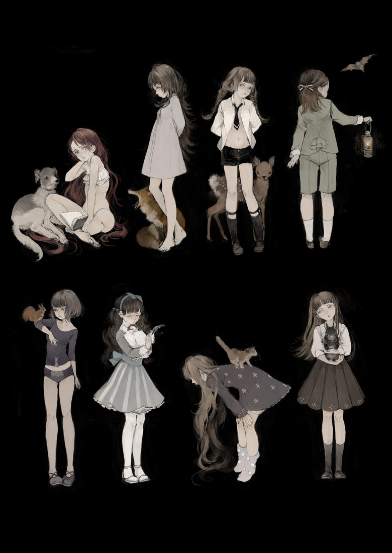 6+girls animal animal_on_arm animal_on_back arms_behind_back bare_legs barefoot bat_(animal) bird black_background black_necktie black_shorts black_socks blunt_bangs book braid brown_footwear brown_hair brown_skirt cat chicken closed_eyes closed_mouth commentary_request deer dog dress fawn fox from_behind from_side grey_dress grey_jacket grey_panties grey_shirt grey_shorts grey_skirt hair_ribbon hairband head_tilt holding holding_animal holding_lantern indian_style jacket lantern leaning_forward legwear_garter long_hair long_sleeves looking_at_animal looking_at_viewer multiple_girls necktie nekosuke_(oxo) open_book open_clothes open_shirt original panties print_dress rabbit ribbon shirt shoes short_dress short_hair short_shorts shorts simple_background sitting skirt sleeves_past_elbows socks squirrel standing twin_braids underwear underwear_only very_long_hair white_shirt white_socks