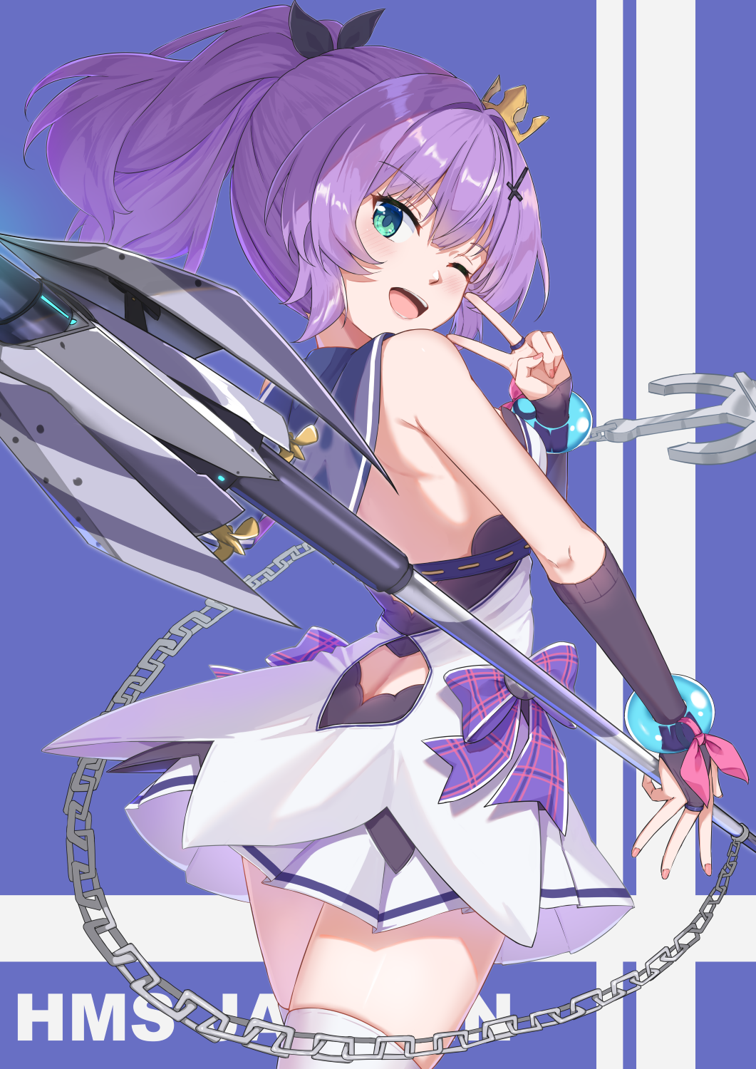 anchor as4gi azur_lane bridal_gauntlets chain character_name cross_hair_ornament crown dress green_eyes hair_ornament highres javelin_(azur_lane) looking_back mini_crown one_eye_closed polearm ponytail purple_hair sailor_collar smile thighhighs v weapon white_dress white_thighhighs