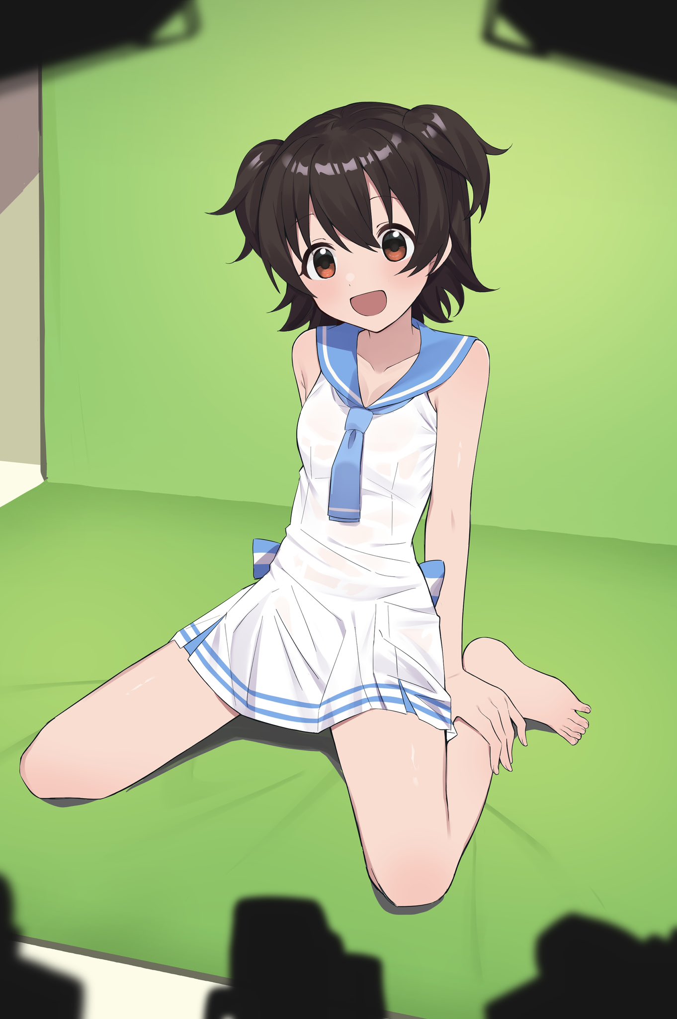 1girl akagi_miria arm_support barefoot black_hair blue_neckerchief blue_sailor_collar breasts brown_eyes camera collarbone commentary_request dddd_akagi green_screen hair_between_eyes highres idolmaster idolmaster_cinderella_girls legs lights looking_at_another medium_hair neckerchief open_mouth sailor_collar sailor_swimsuit_(idolmaster) short_twintails sitting small_breasts smile solo thighs twintails white_swimsuit