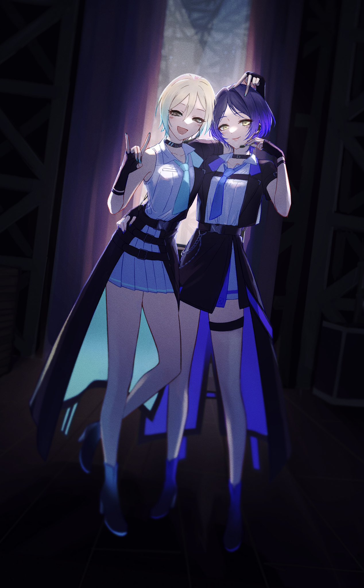 2girls backstage black_choker blue_hair blue_skirt breasts choker collarbone cropped_jacket dark_blue_hair feet_out_of_frame fingerless_gloves fingernails fox_shadow_puppet garlicham1210 gloves gradient_hair green_hair greyscale hand_on_another's_hip hayami_kanade headset highres idolmaster idolmaster_cinderella_girls idolmaster_cinderella_girls_starlight_stage looking_at_viewer loose_necktie medium_breasts monochrome multicolored_hair multiple_girls nail_polish necktie open_collar parted_bangs polaroid purple_hair shiomi_syuko shirt short_hair short_sleeves skirt sleeveless smile thighs v white_shirt