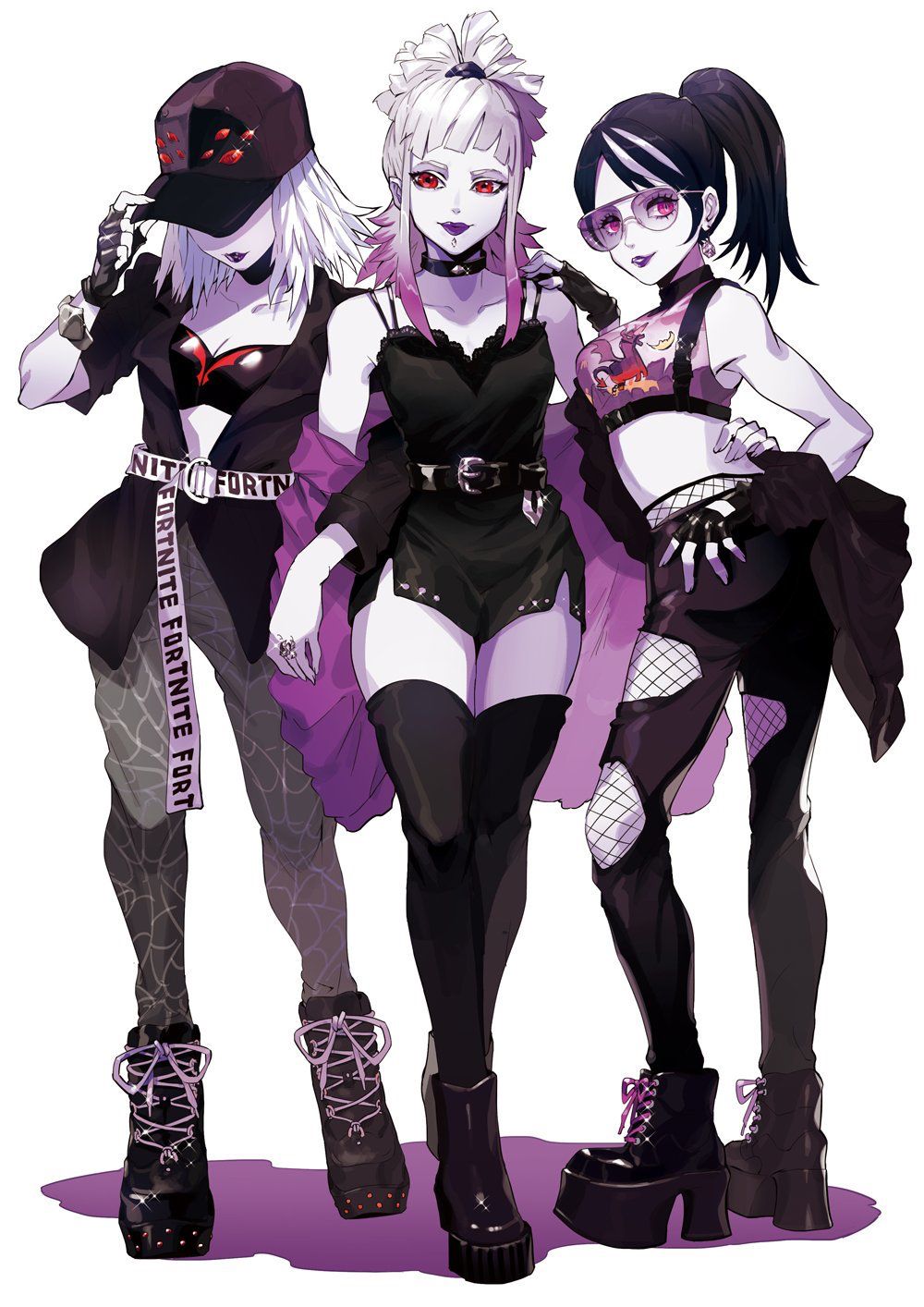 3girls artist_request black_footwear black_hair black_pantyhose blunt_bangs brown_footwear character_request copyright_request crop_top full_body grin hat highres hime_cut lipstick looking_at_viewer makeup multiple_girls non-web_source pantyhose smile twitter white_hair