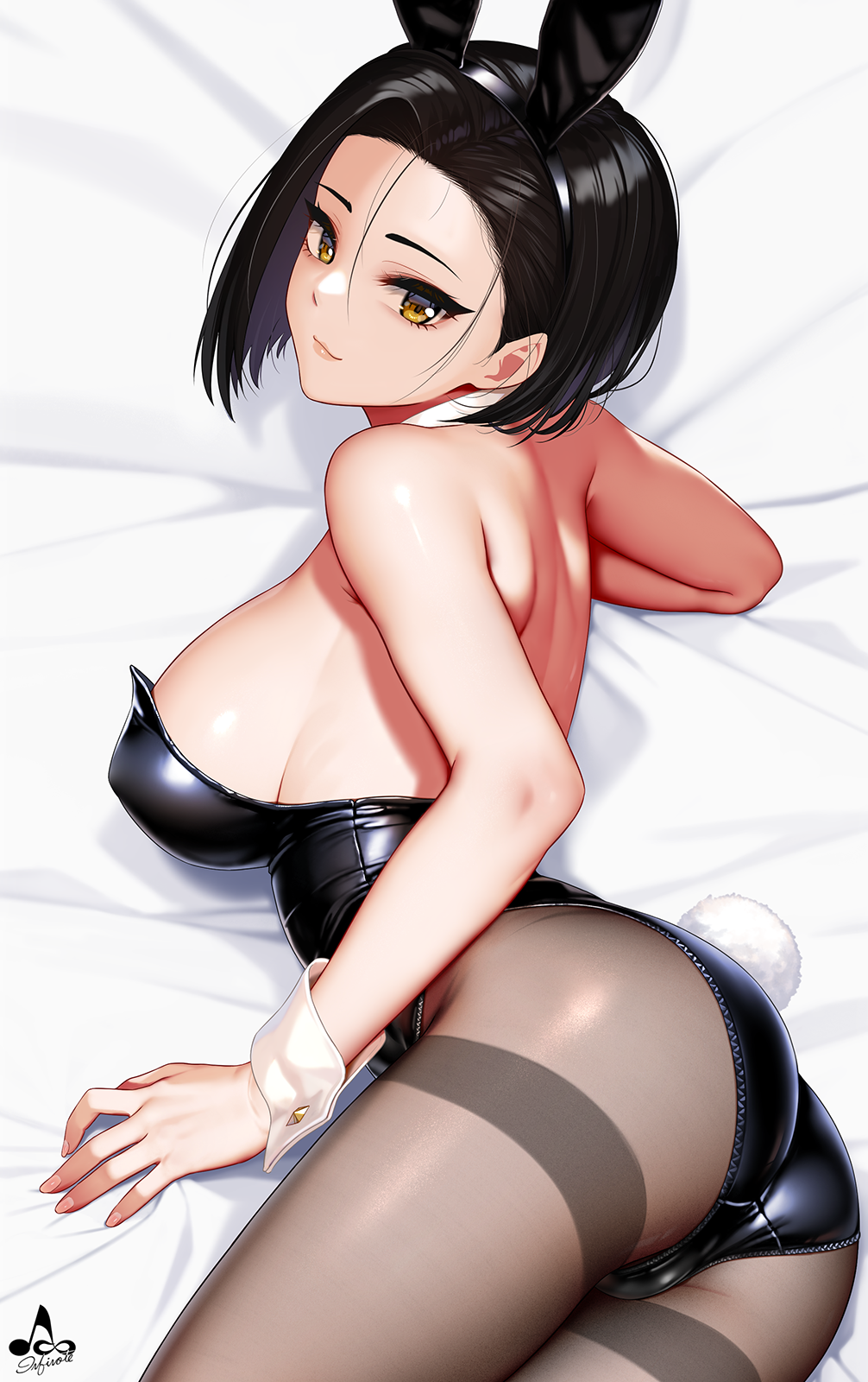 1girl animal_ears ass bare_arms bare_shoulders black_hair black_hairband black_leotard black_pantyhose breasts closed_mouth detached_collar fake_animal_ears fake_tail hairband highres infinote large_breasts leotard looking_at_viewer lying on_side original pantyhose rabbit_ears rabbit_tail short_hair smile solo tail thighband_pantyhose thighs wrist_cuffs yashiki_yuuko yellow_eyes