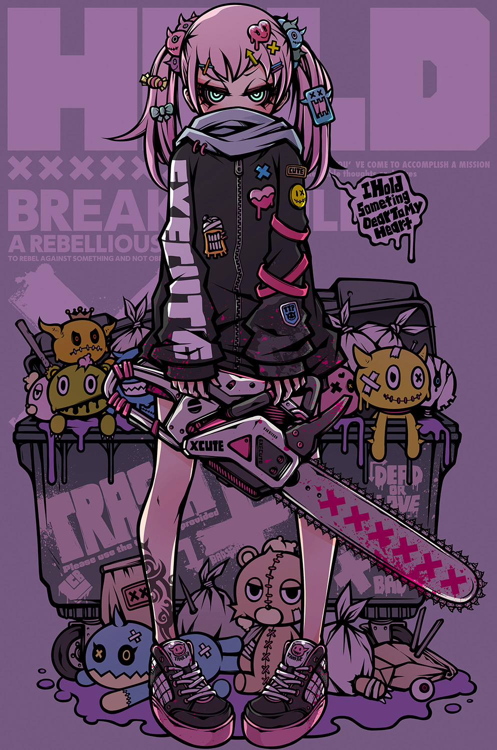 1girl alternate_weapon belt_chain bracelet chain chainsaw decora demon dumpster english_text engrish_text highres jewelry lock monster original padlock profanity project.c.k. punk ranguage spray_paint tattoo twintails weapon