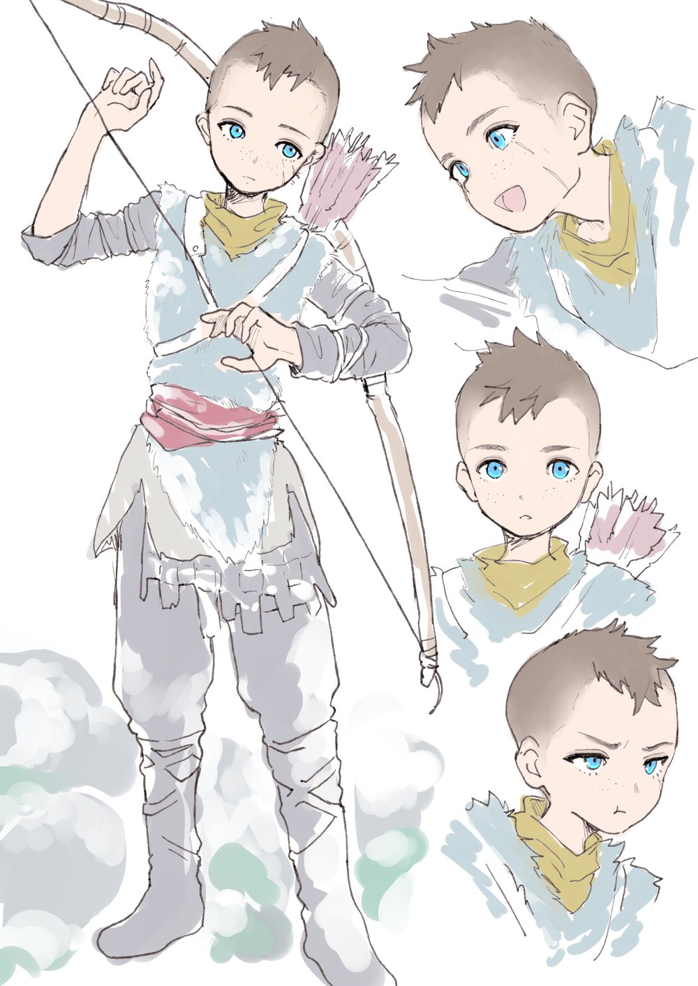 1boy atreus blue_eyes bow_(weapon) brown_hair child commentary_request full_body god_of_war highres holding holding_weapon looking_at_viewer male_focus pout quiver short_hair simple_background solo walnut1229 weapon