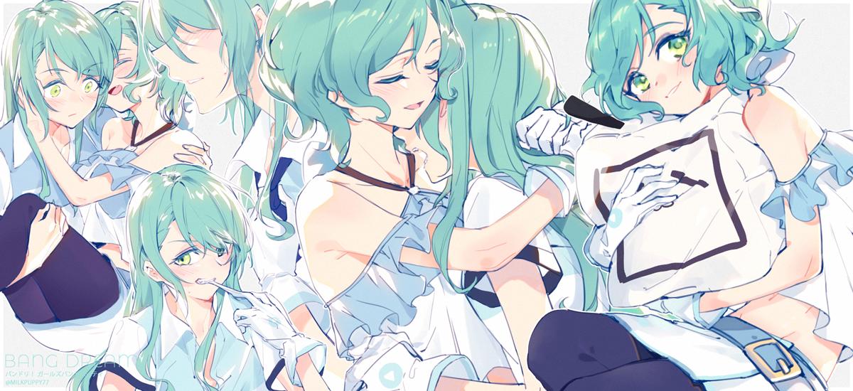 2girls aqua_hair bang_dream! bare_shoulders blue_pantyhose blush carrying character_pillow green_eyes hikawa_hina hikawa_sayo holding holding_pillow imminent_bite incest looking_at_viewer milk_puppy multiple_girls pantyhose pillow princess_carry removing_glove shirt siblings sisters skirt twincest twins white_shirt white_skirt wide-eyed yuri