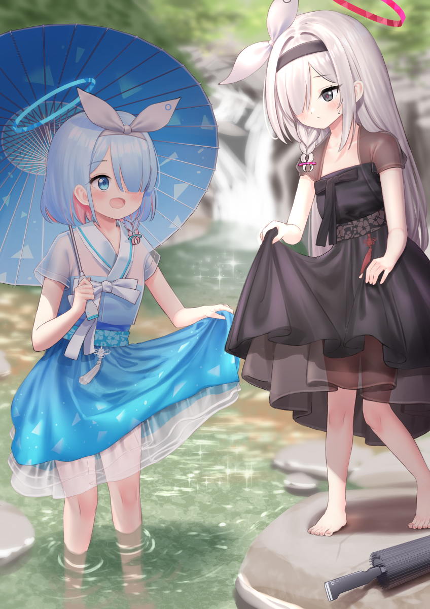 2girls alternate_costume arona_(blue_archive) barefoot black_dress black_eyes black_hairband blue_archive blue_dress blue_eyes blue_hair blue_halo blue_pupils blue_umbrella bow_hairband braid breasts closed_mouth colored_inner_hair commentary commission dress hair_over_one_eye hair_ribbon hairband halo highres holding holding_umbrella ine_(ineinnen) light_blue_hair long_hair medium_dress multicolored_hair multiple_girls oil-paper_umbrella open_mouth pink_hair pink_halo pink_pupils pixiv_commission plana_(blue_archive) ribbon short_hair short_sleeves side_braid single_braid skirt_hold small_breasts standing toenails toes two-tone_hair umbrella wading white_hair white_hairband white_ribbon