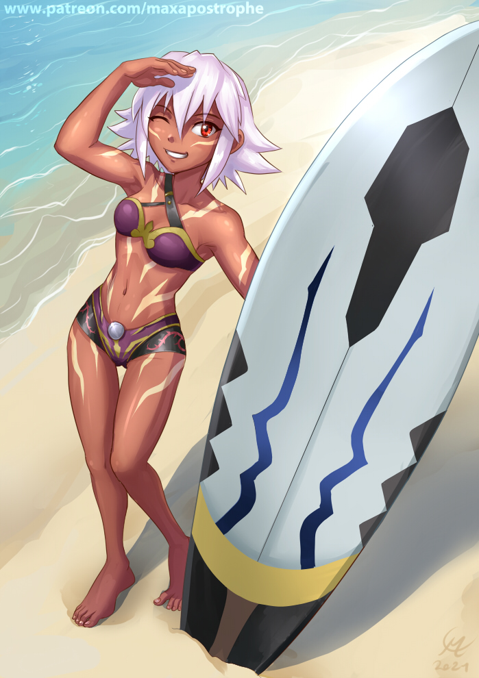 .hack// 1girl 2021 arm_up beach black_rose_(.hack//) body_markings commission dark-skinned_female dark_skin day english_commentary feet holding maxa' midriff navel ocean one_eye_closed patreon_username red_eyes sand shaded_face shadow signature smile solo_focus spiked_hair summer surfboard swimsuit teeth waves white_hair