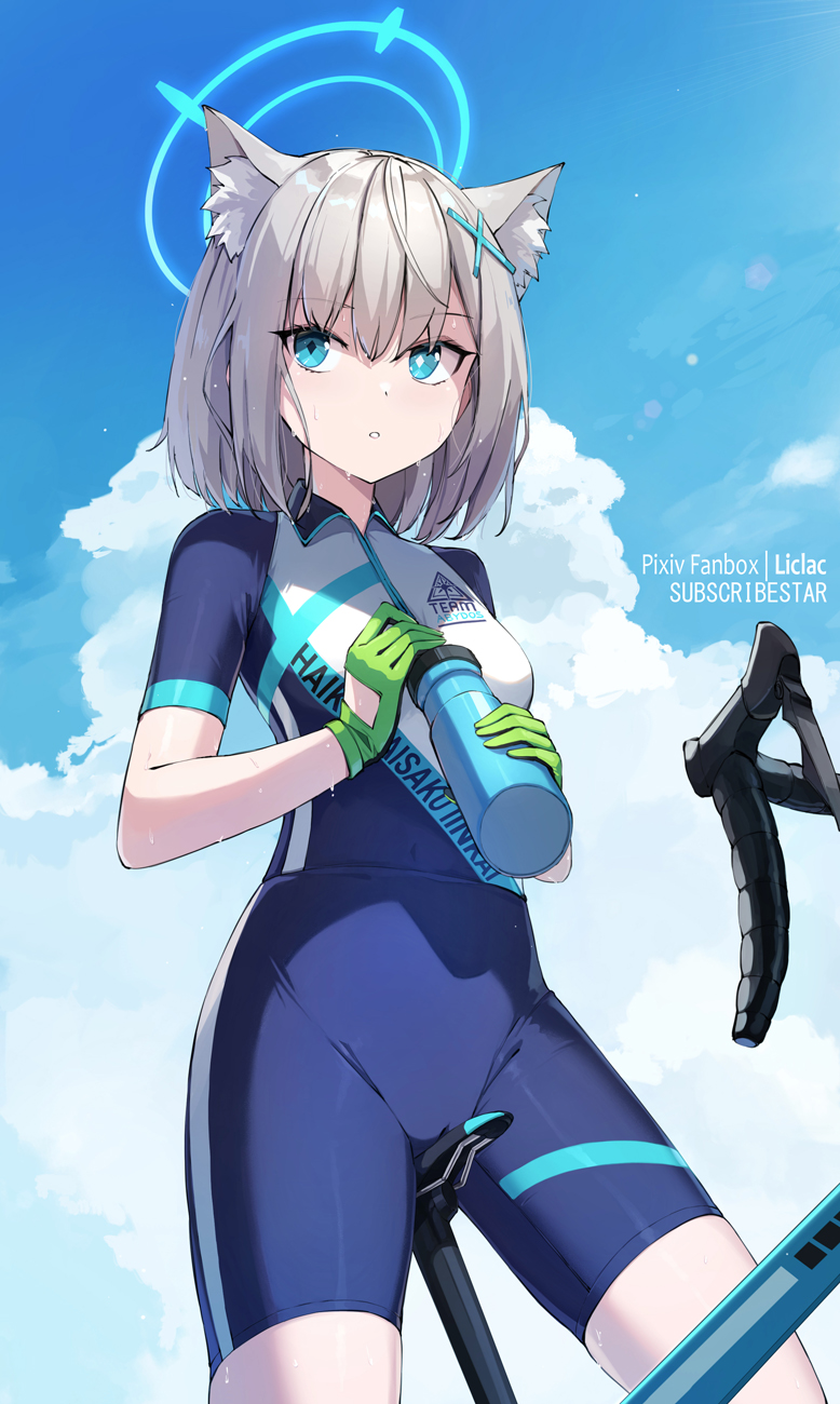 1girl animal_ear_fluff animal_ears bicycle blue_archive blue_eyes blue_sky bottle breasts cloud commentary_request cycling_uniform day gloves green_gloves grey_hair hair_between_eyes hair_ornament halo highres holding holding_bottle liclac outdoors parted_lips shiroko_(blue_archive) shiroko_(cycling)_(blue_archive) short_sleeves sky small_breasts solo sweat water_bottle
