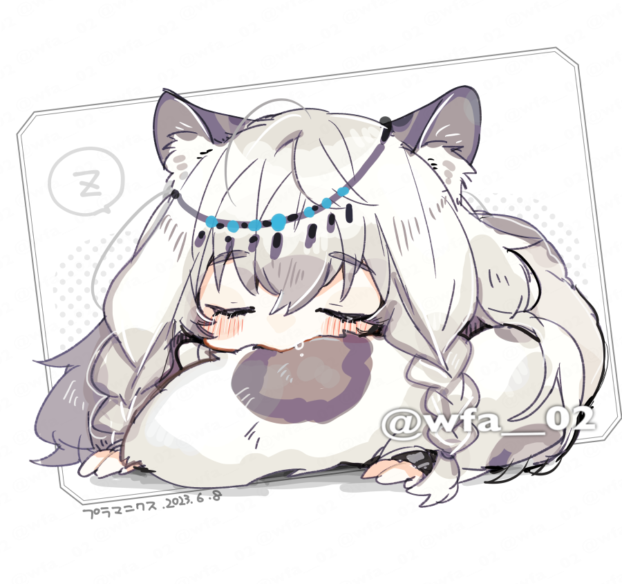 1girl animal_ears arknights blush blush_stickers character_name chibi closed_eyes commentary_request dated full_body grey_hair head_chain itsuki_02 leopard_ears leopard_girl leopard_tail nose_bubble pramanix_(arknights) simple_background sitting_on_tail sleeping solo speech_bubble spoken_zzz spotted_tail tail twitter_username white_background zzz