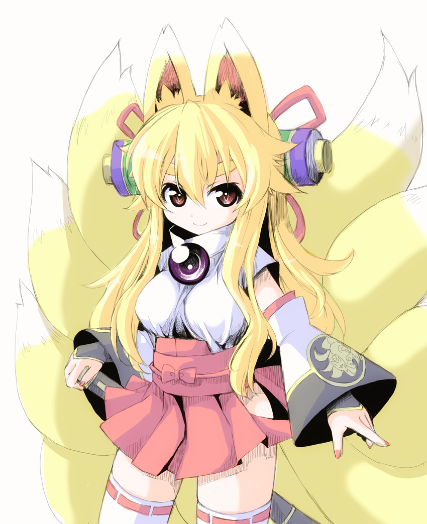 1girl animal_ears blonde_hair breasts brown_eyes closed_mouth commentary_request cowboy_shot detached_sleeves fox_ears fox_girl fox_tail hair_between_eyes hakama hakama_short_skirt hakama_skirt hatching_(texture) japanese_clothes kitsune kyuubi large_breasts long_hair long_sleeves looking_at_viewer meta'36 multiple_tails nontraditional_miko obi red_hakama red_nails red_ribbon ribbon ribbon-trimmed_thighhighs sai_(shinrabanshou) sash shinrabanshou skirt smile solo tail thick_eyebrows thighhighs v-shaped_eyebrows white_sleeves white_thighhighs