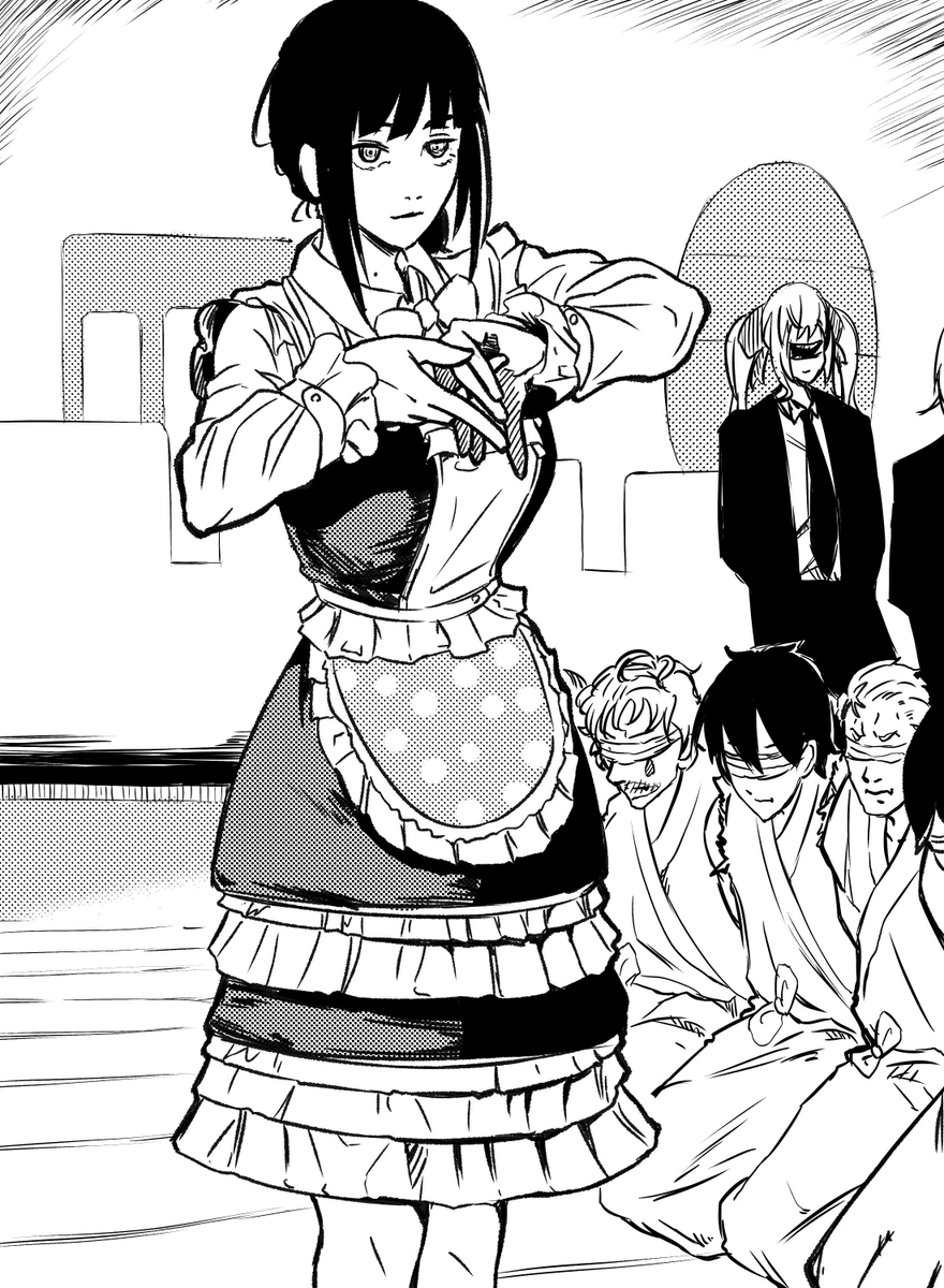 apron blindfold bow chainsaw_man dress formal hand_gesture highres joe_rikiichi long_sleeves maimoto_keisuke makima_(chainsaw_man) medium_hair mole mole_on_neck monochrome necktie nijisanji parody rush11_(rush11fullblitz) style_parody suit suzuka_utako takamiya_rion virtual_youtuber yumeoi_kakeru