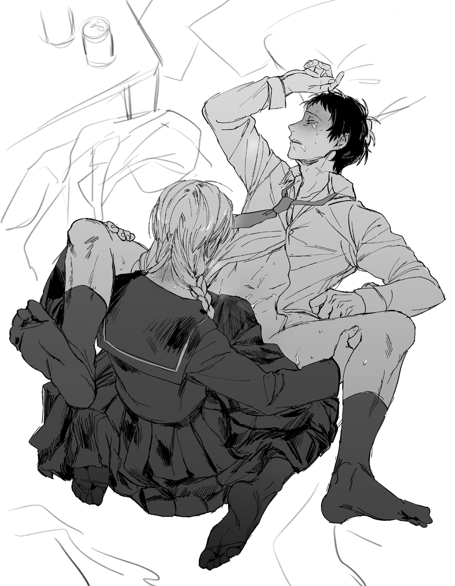 2boys adachi_tooru after_anal arm_up bottomless braid clothed_sex collared_shirt commentary_request crossdressing cum cum_on_body cum_on_male cum_on_stomach exhausted from_above fucked_silly full_body greyscale holding_another's_leg ido_(nothing679) indoors long_hair long_sleeves looking_to_the_side loose_necktie lying male_focus monochrome multiple_boys narukami_yuu necktie no_shoes on_back partially_unbuttoned persona persona_4 pleated_skirt sailor_collar saliva school_uniform serafuku shirt short_hair sitting skirt socks sweat tears twin_braids wariza yaoi