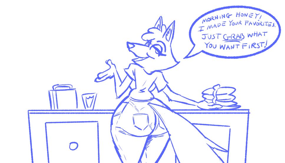 2023 anthro big_butt blue_and_white breasts briefcase butt canid canine canis dialogue english_text fangs female food great_wolf_lodge kitchen_counter mammal monochrome open_mouth pancake simple_background solo speech_bubble teeth text the_great_wolf_pack:_a_call_to_adventure unknown_artist white_background wide_hips wiley's_mom wolf