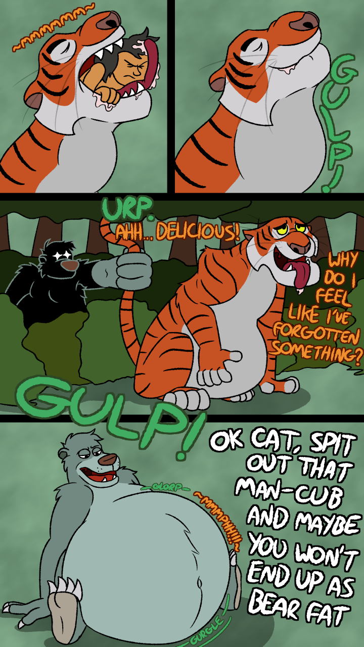 2022 baloo bear belly big_belly bodily_fluids burping colored comic countershading dialogue digestion_noises digital_media_(artwork) disney drooling face_lick felid feral feral_pred four_frame_sequence fully_inside fur grey_body grey_fur group hand_on_stomach hi_res human human_prey in_mouth licking looking_pleasured male male/male male_pred male_prey mammal mowgli navel neck_bulge nonamesrleft open_mouth oral_vore orange_body orange_fur pantherine partially_inside recursive_vore saliva saliva_on_tongue sharp_teeth shere_khan silhouette striped_body striped_fur stripes swallowing tail tail_grab teeth the_jungle_book tiger tongue tongue_out trio uvula vore weight_gain yellow_sclera