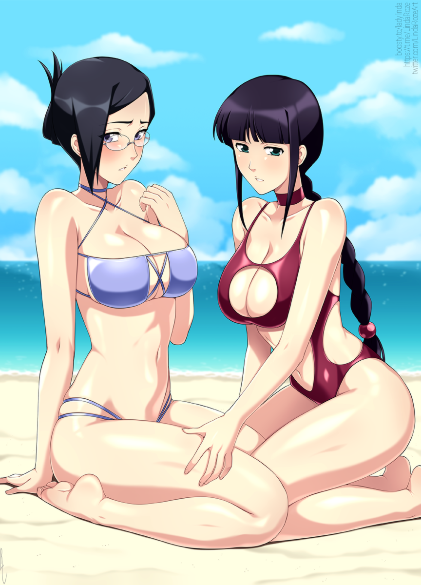 2girls bare_shoulders barefoot beach bikini black_hair bleach blue_sky blunt_bangs braid braided_ponytail breasts choker cleavage_cutout clothing_cutout cloud collarbone commentary day english_commentary feet folded_ponytail glasses hand_on_another's_thigh hand_up highres horizon ise_nanao kneeling kurotsuchi_nemu large_breasts lindaroze long_hair looking_at_viewer multi-strapped_bikini multiple_girls navel ocean one-piece_swimsuit outdoors paid_reward_available parted_lips red_choker red_one-piece_swimsuit sitting sky soles swimsuit twitter_username water watermark web_address