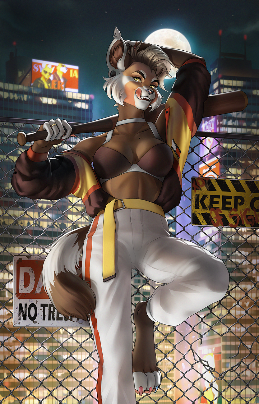 2019 4_toes 5_fingers ailurid anthro barefoot baseball_bat bat_(object) belt bottomwear breasts brown_body brown_fur building cheek_tuft claws clothed clothing detailed_background digital_media_(artwork) ear_piercing eyebrows eyelashes facial_tuft fangs feet female fingers front_view full_moon fur hair hi_res holding_baseball_bat holding_object hybrid jacket lana_baginsky_(furlana) licking licking_lips licking_own_lips long_hair looking_at_viewer mammal markings mole_(marking) moon night open_clothing open_jacket open_topwear outside pants paws piercing raised_arm red_panda rimbie ring_piercing solo standing teeth toe_claws toes tongue tongue_out topwear tuft white_hair