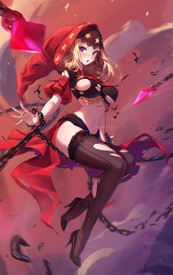 blonde_hair blue_eyes chain covered_nipples frilled_garter gypsy hood jewelry midriff mitsu_(mitsu_art) navel odin_sphere open_mouth puff_and_slash_sleeves puffy_sleeves red_hood ring showgirl_skirt sitting striped striped_thighhighs thighhighs thighs torn_clothes torn_thighhighs velvet_(odin_sphere) vertical-striped_thighhighs vertical_stripes