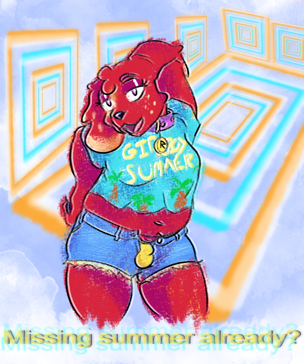 abstract_background anthro bird_dog bottomwear canid canine canis clothing collar cutoffs denim denim_bottomwear denim_clothing domestic_dog female freckles fur gynomorph hi_res hotpants hunting_dog intersex irish_setter mammal purple_eyes red_body red_fur rubyyoulazycat setter shorts solo summer text trans_(lore) trans_woman_(lore) vhs_filter