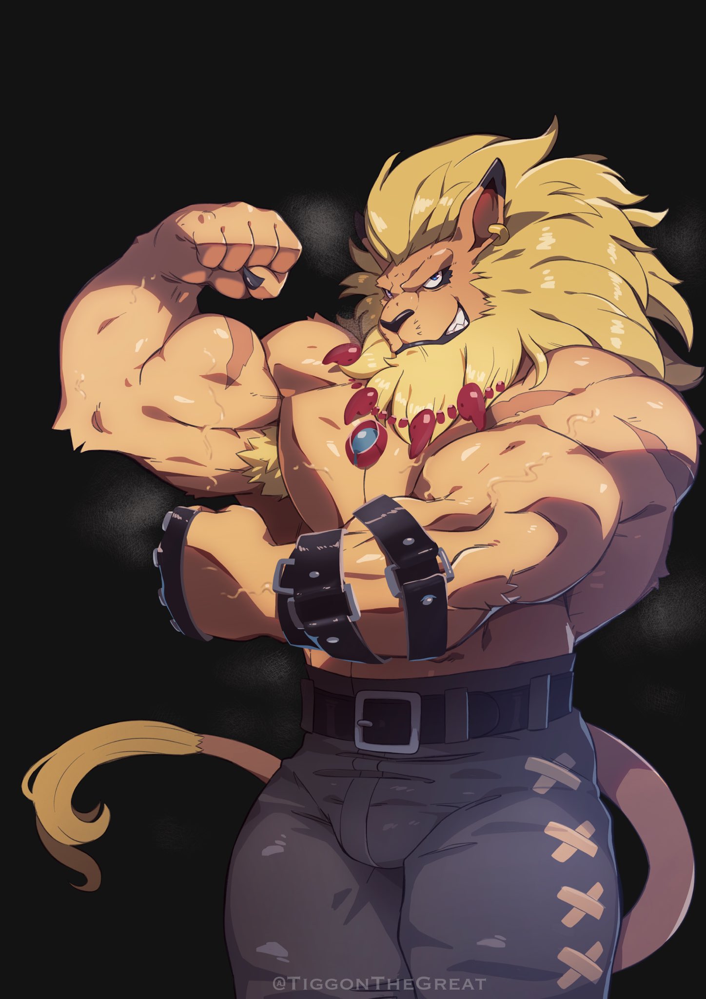 5_fingers anthro bandai_namco belt biceps black_nose blonde_hair blue_eyes bottomwear clothed clothing digimon digimon_(species) ear_piercing felid fingers fist flexing fur grin hair hi_res jewelry kemono leomon male mammal mane melee_weapon muscular muscular_anthro muscular_male necklace pantherine pants pecs piercing pose pupils slit_pupils smile solo sword tan_body tan_fur teeth tiggon_the_great topless vein weapon