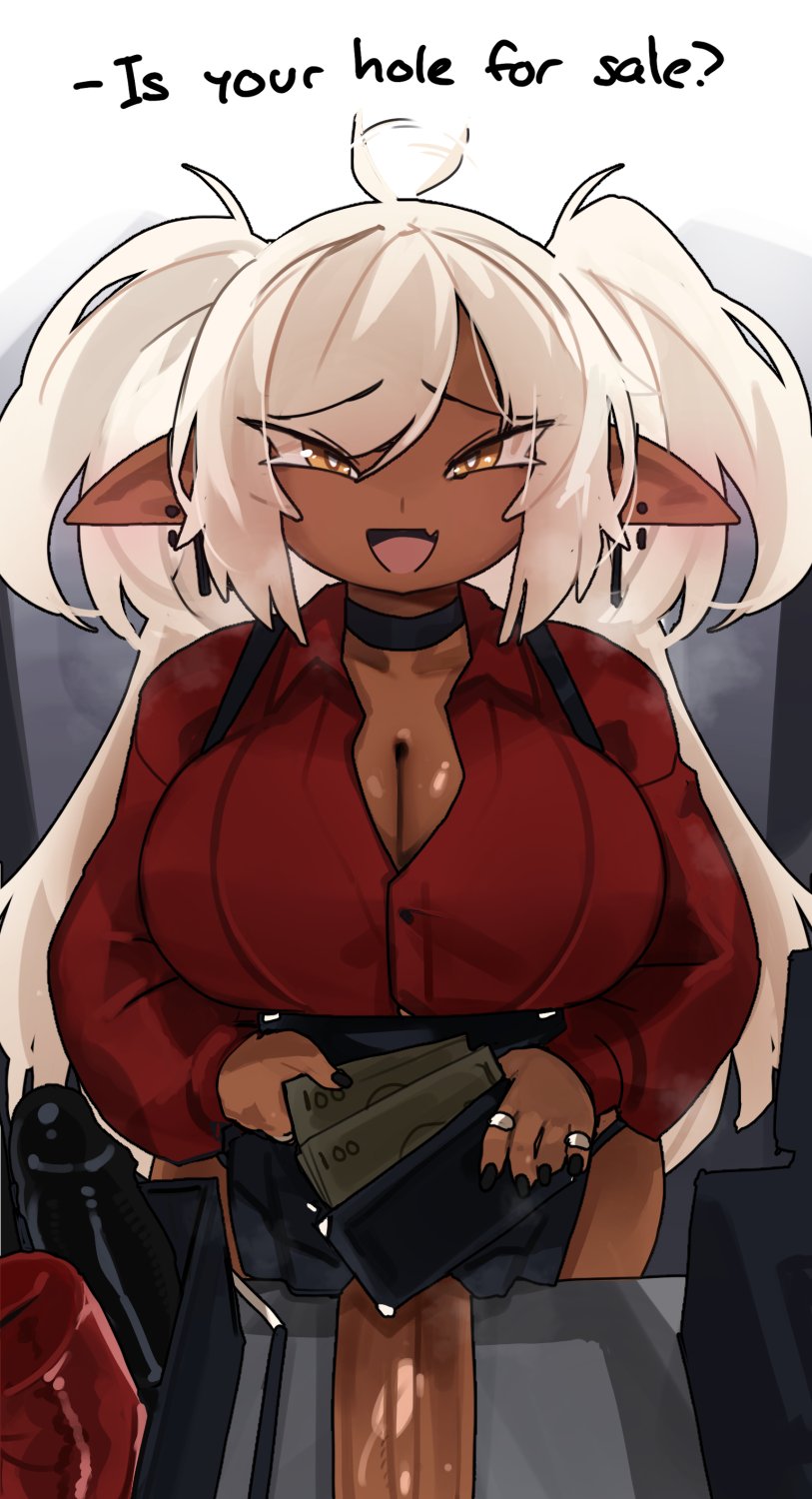 big_breasts big_penis bottomwear breasts cleavage clothed clothing dark_body dark_skin dialogue dildo ear_piercing fangs female genitals hair hi_res huge_breasts huge_penis humanoid humanoid_pointy_ears money narrowed_eyes not_furry open_mouth penetrable_sex_toy penis piercing sex_toy shirt smile solo standing teeth text thick_thighs topwear unknown_character wallet white_hair yellow_eyes zanamaoria