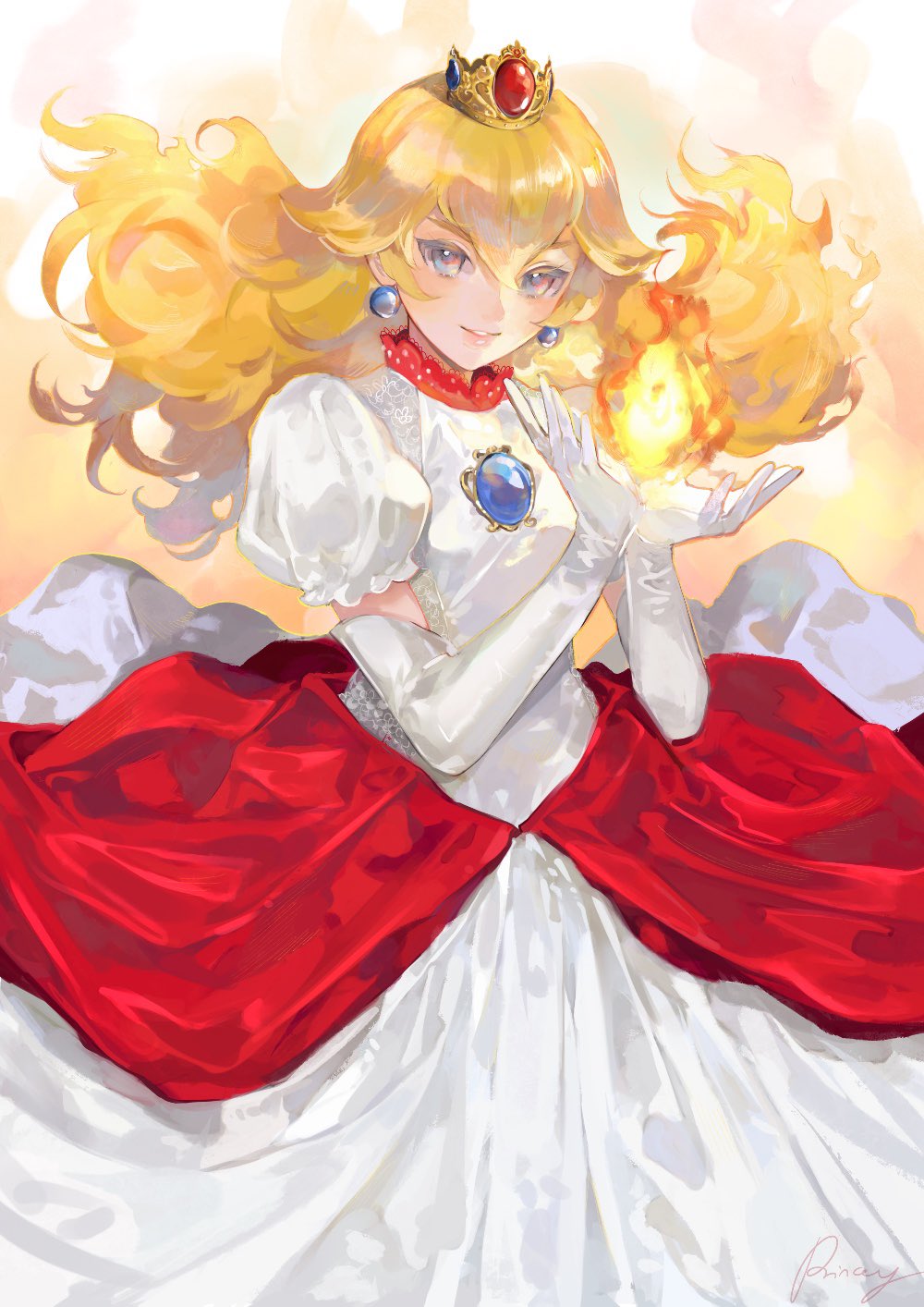 1girl aubz blonde_hair blue_eyes blush brooch choker crown dress earrings elbow_gloves fire fire_peach floating_hair frilled_sleeves frills gem gloves grin hair_between_eyes hands_up highres jewelry lace lace_trim layered_dress lips long_dress long_hair looking_at_viewer mario_(series) mini_crown parted_lips pink_lips princess_peach puffy_short_sleeves puffy_sleeves short_sleeves sidelocks smile solo super_mario_3d_world teeth wavy_hair white_background white_dress white_gloves