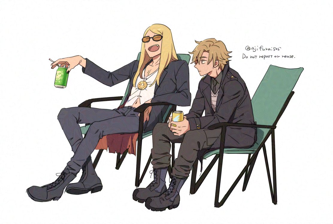2boys :d asaya_minoru between_fingers black_footwear black_jacket black_necktie black_pants black_shirt blonde_hair boots brown-tinted_eyewear brown_hair can cigarette closed_eyes closed_mouth collarbone collared_shirt cross-laced_footwear daybit_sem_void english_text fang fate/grand_order fate_(series) holding holding_can holding_cigarette jacket lace-up_boots long_hair long_sleeves looking_away male_focus multiple_boys navel necktie on_chair open_clothes open_jacket pants parted_bangs shirt simple_background sitting smile striped striped_vest sunglasses tezcatlipoca_(fate) thick_eyebrows tinted_eyewear twitter_username vest white_background white_shirt